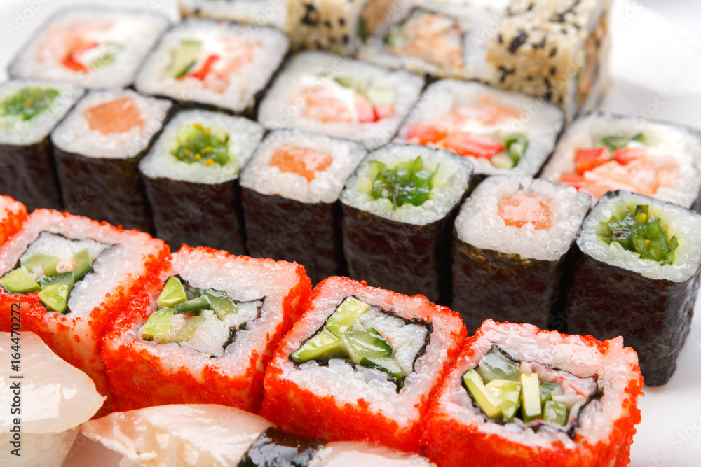 Colorful set of sushi and rolls closeup Colorful set of sushi and rolls closeup