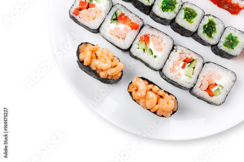 Set of sushi and rolls on white background