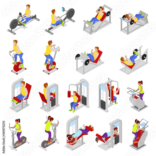 Isometric People at the Gym. Sportsmen Workout. Sports Equipment. Fitness Exercises. Vector flat 3d illustration