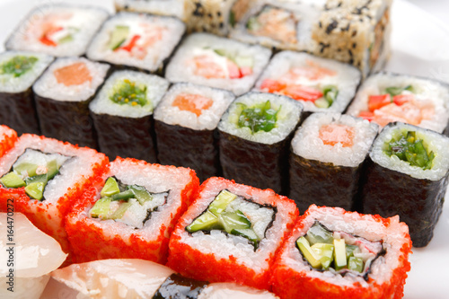 Colorful set of sushi and rolls closeup