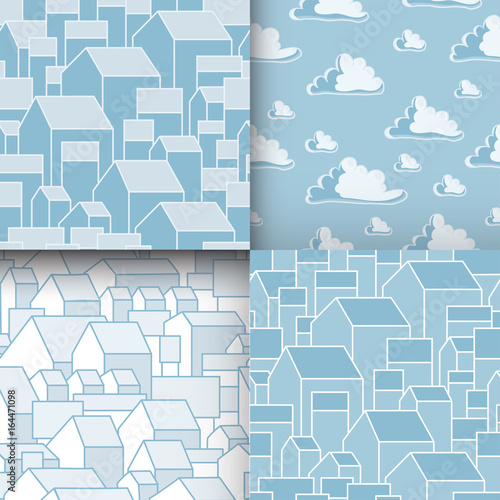 Set of unusual seamless patterns with houses and clouds.