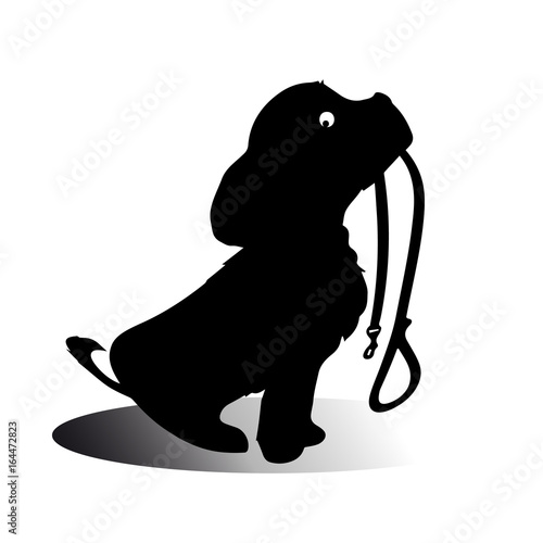 silhouette of a sitting dog holding it's leash in it's mouth, patiently waiting to go for a walk.