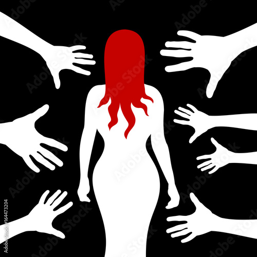 Street harassment - beautiful woman / prostitute is walking alone in the dark during night. Hands of strangers assaults and attack her body. Offensive action against lonely female
