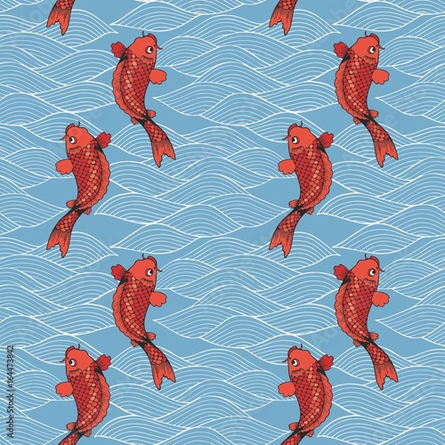Vector seamless pattern with koi carps and waves on a blue background. Hand drawing in Japanese style