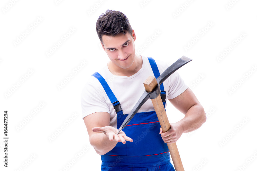 Man with a digging axe hoe on white background isolated Man with a digging axe hoe on white background isolated