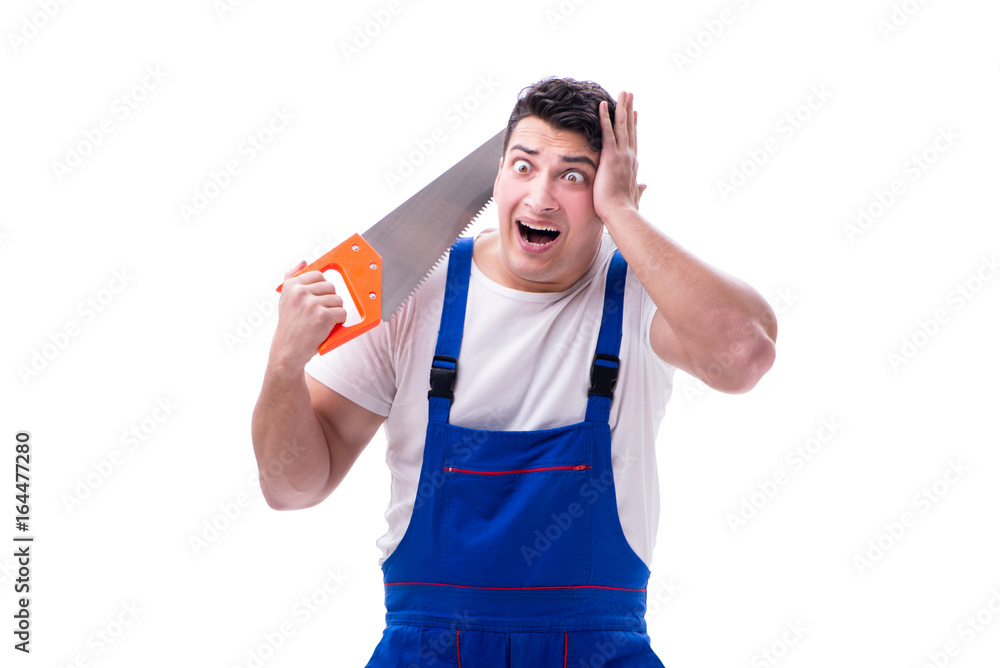 Man repairman with hand saw on white background isolated Man repairman with hand saw on white background isolated