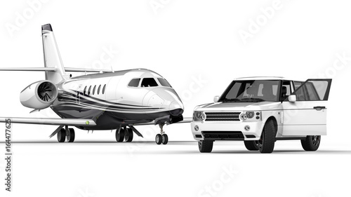 White SUV limousine with private jet / 3D render image representing an white private jet with an white SUV limousine