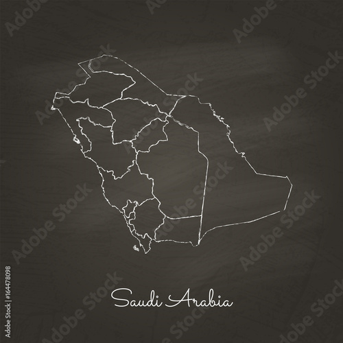 Saudi Arabia region map: hand drawn with white chalk on school blackboard texture. Detailed map of Saudi Arabia regions. Vector illustration.