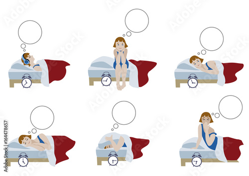 Cartoon compositions of young girl in night sleepless and morning awakening in flat design. Vector illustration of character set.