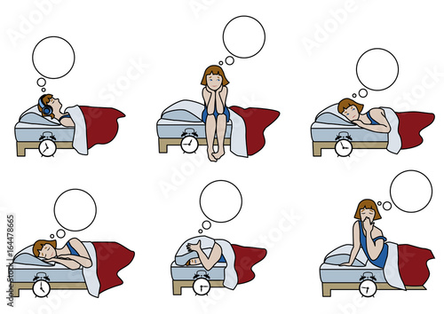 Cartoon compositions of young girl in night sleepless and morning awakening in flat design. Vector illustration of character set.