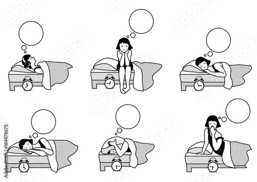 Cartoon compositions of young girl in night sleepless and morning awakening in flat design. Vector illustration of character set.