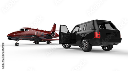  Black SUV limousine with private jet  / 3D render image representing an private jet with an black SUV limousine © Mlke