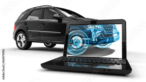  Wire Frame SUV / 3D render image representing an luxury SUV in wire frame on  laptop  photo