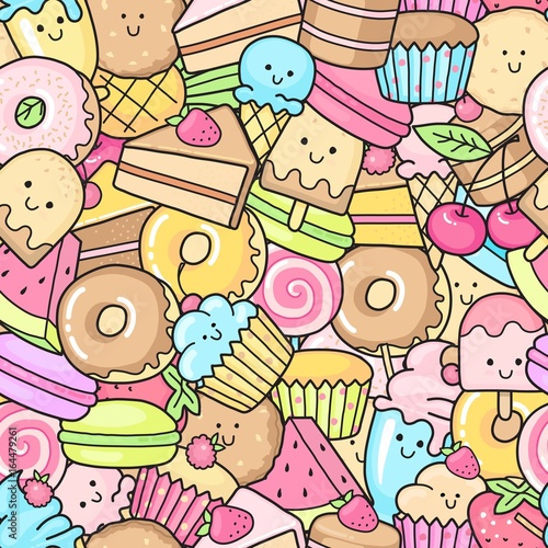 Seamless background of sweet and dessert doodle  cake  sweet donat  cookies and macaron