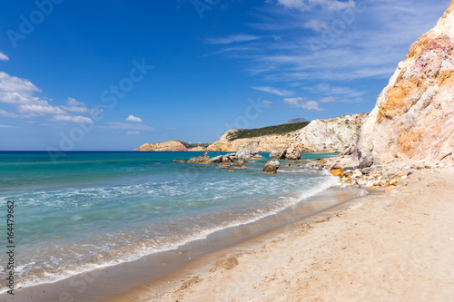 Beautiful Firiplaka Beach, sandy beach situated at the southern side in Milos island. Cyclades, Greece.