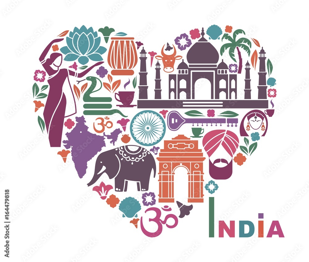 Fototapeta premium Symbols of India in the form of heart