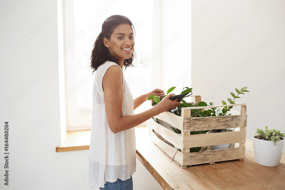 Cheerful african girl smiling looking at camera preparing to cut plant stems over white wall and window.