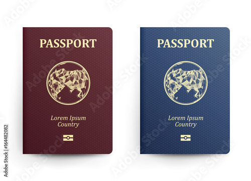 Passport With Map. Asia. Realistic Vector Illustration. Red And Blue Passports With Globe. International Identification Document. Front Cover. Isolated photo