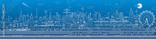 Night city panorama, town infrastructure illustration, ferris wheel, modern skyline, white lines on blue background, vector design art 