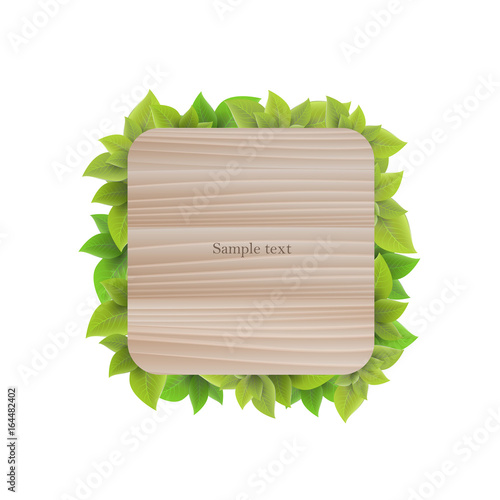 Square wooden banner with foliage, vector illustration