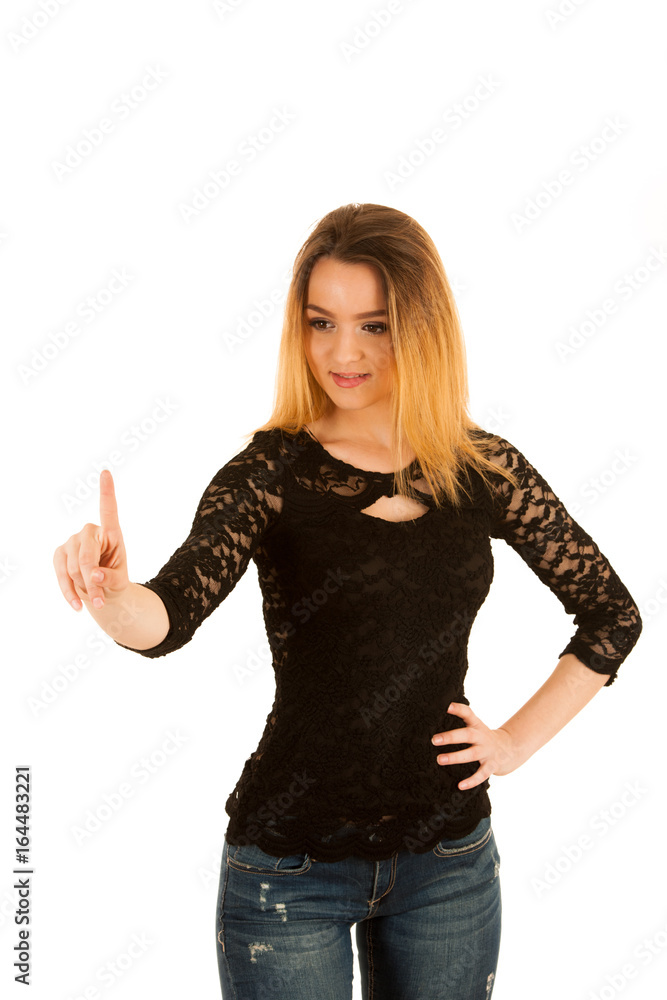 young business woman pressing a virtual button isolated over white background young business woman pressing a virtual button isolated over white background