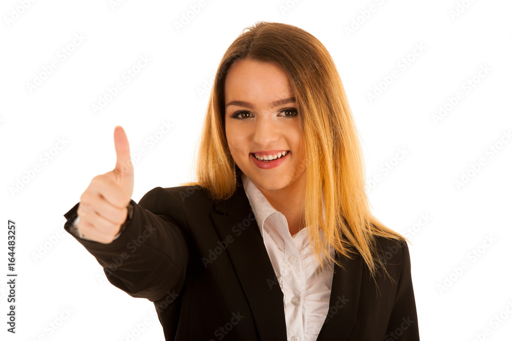 Cute young woman showing thumb up isolated over white background Cute young woman showing thumb up isolated over white background