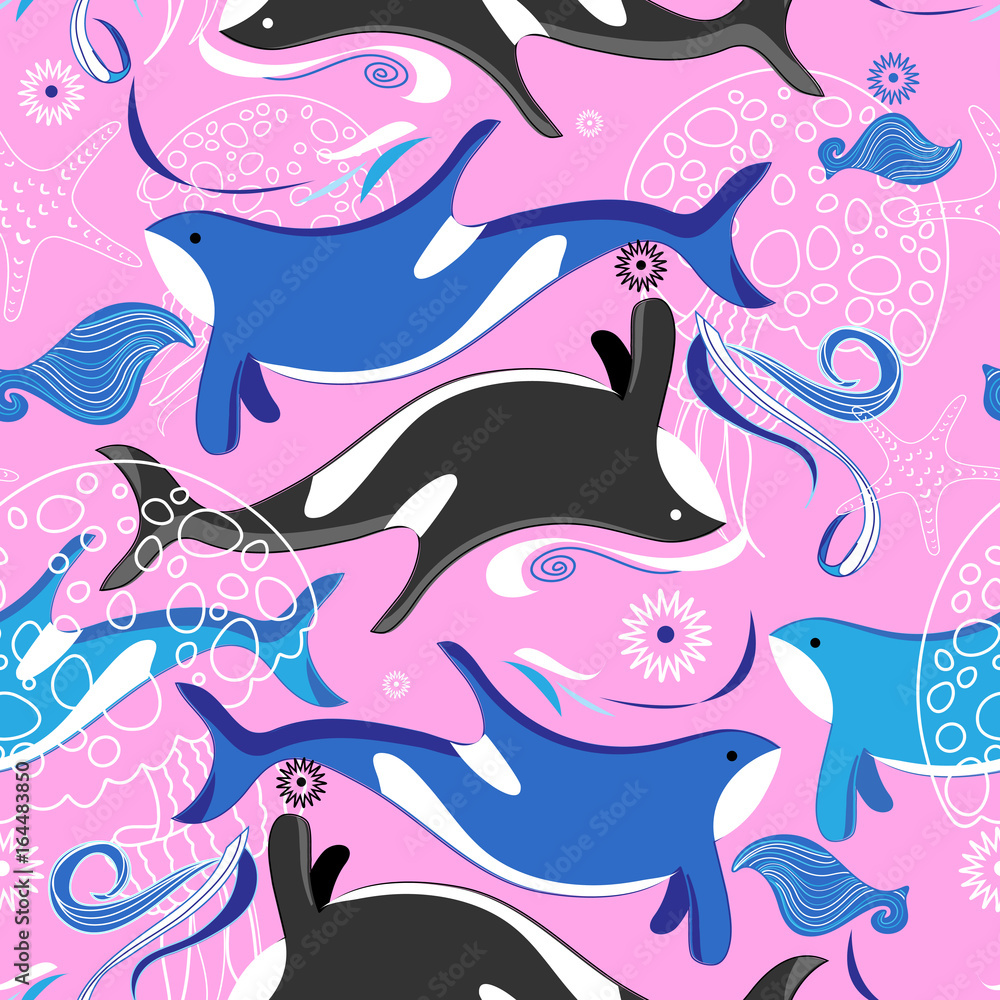 Obraz premium Seamless vector sea pattern with whales