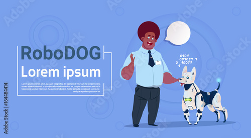 Man Playing With Robotic Dog Cute Domestic Animal Modern Robot Pet Artificial Intelligence Technology Flat Vector Illustration