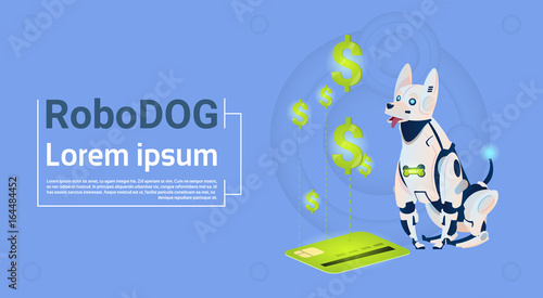 Robotic Dog Sit With Credit Card Mobile Payment For Online Shopping Animal Modern Robot Pet Artificial Intelligence Technology Flat Vector Illustration