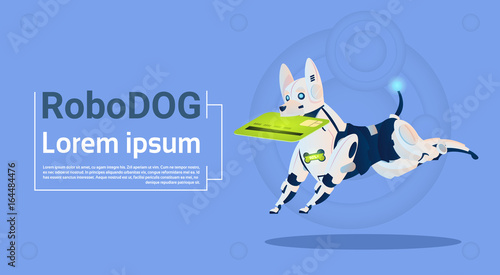 Robotic Dog Hold Credit Card Mobile Payment For Online Shopping Animal Modern Robot Pet Artificial Intelligence Technology Flat Vector Illustration