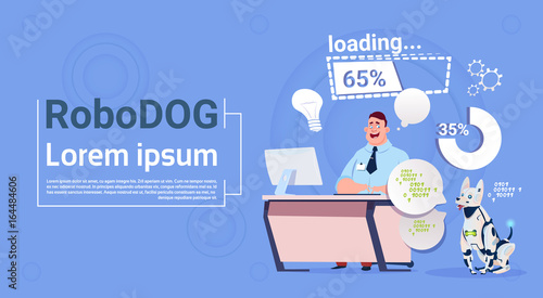 Man Programmer Coding On Computer Working With Robotic Dog Domestic Animal Modern Robot Pet Artificial Intelligence Technology Flat Vector Illustration
