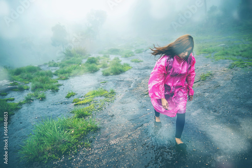 Asian women travel sleep relax. Morning atmosphere nature Forests. walk in the forest rainy season. puhinrongkla Thailand photo