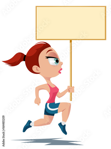 Fitness. Sports girl running with a blank banner. Cartoon styled vector illustration. Elements is grouped for easy edit. No transparent objects. Isolated on white.