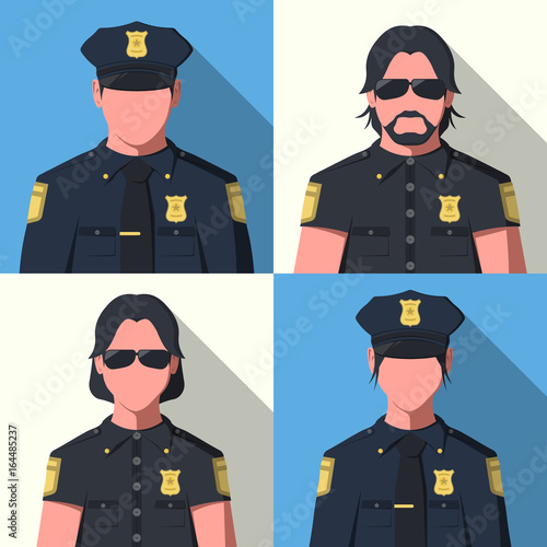Avatars of police officers. Law enforcement illustration. Silhouettes of man and woman in police uniform. Flat vector policemen.