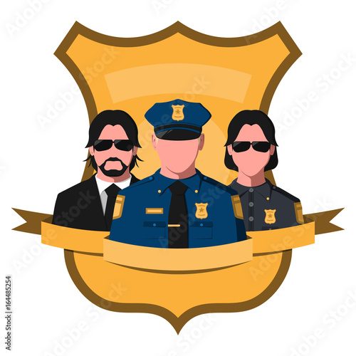Flat avatar of police team. Emblem with silhouettes of policeman, sheriff and detective on a badge background. Vector illustration of police officers.