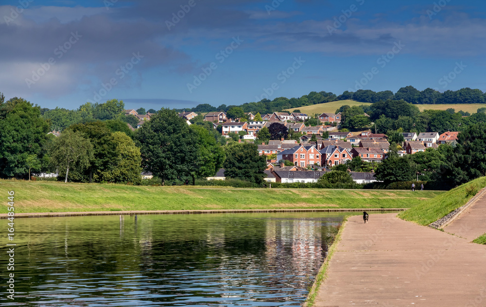Quay of the channel of the river Ex in Exeter. Morning. The dog runs along the path. Houses made of red brick on the opposite shore. Exeter. Devon. UK Quay of the channel of the river Ex in Exeter. Morning. The dog runs along the path. Houses made of red brick on the opposite shore. Exeter. Devon. UK