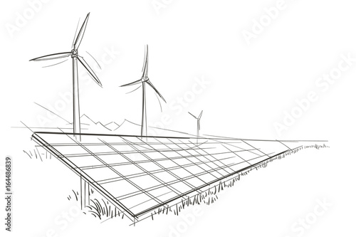 Solar Panels  and Wind Turbines hand drawn sketch. Vector.