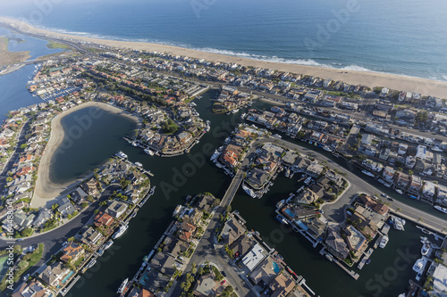 Aerial view of Sunset Beach waterfront homes in Orange County California. 