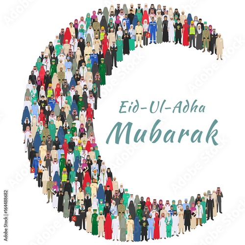 Muslim holiday Eid al-Adha. Feast of the Sacrifice. Large group arabic people professions occupation standing together in the shape of crescent in different suit and traditional clothes in flat style.