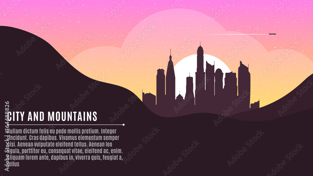 Sunrise in the metropolis. Morning city. Big skyscrapers. A place for your project. Morning starry sky. Hilly dark mountains. Purple Sunrise