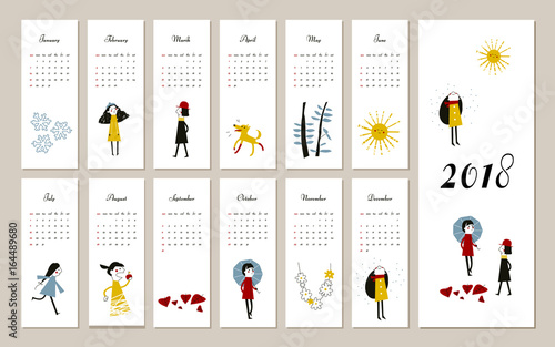 Creative calendar 2018, concept, vector editable template. Graphic illustration of people, dog. Vertical
