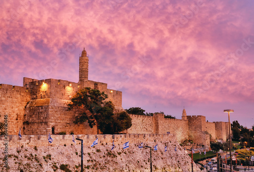 Walls of Ancient City at sunset, David's tower and citadel, Jerusalem, Israel photo