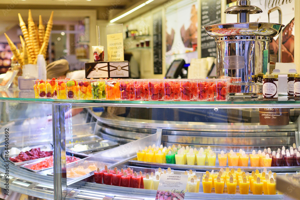 VERONA, ITALY MAY, 2017 gelateria "Venchi" in Verona. Large range of ice cream and fresh