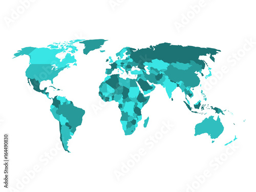 Political map of World in shades of turquoise blue. Isolated on white background. Vector illustration.