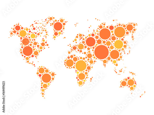Vector world map mosaic of orange dots in various sizes and shades on white background. Vector illustration. Abstract background theme.