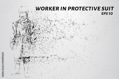 Worker in a protective suit of the particles. Worker in protective suit consists of circles and points. Vector illustration.