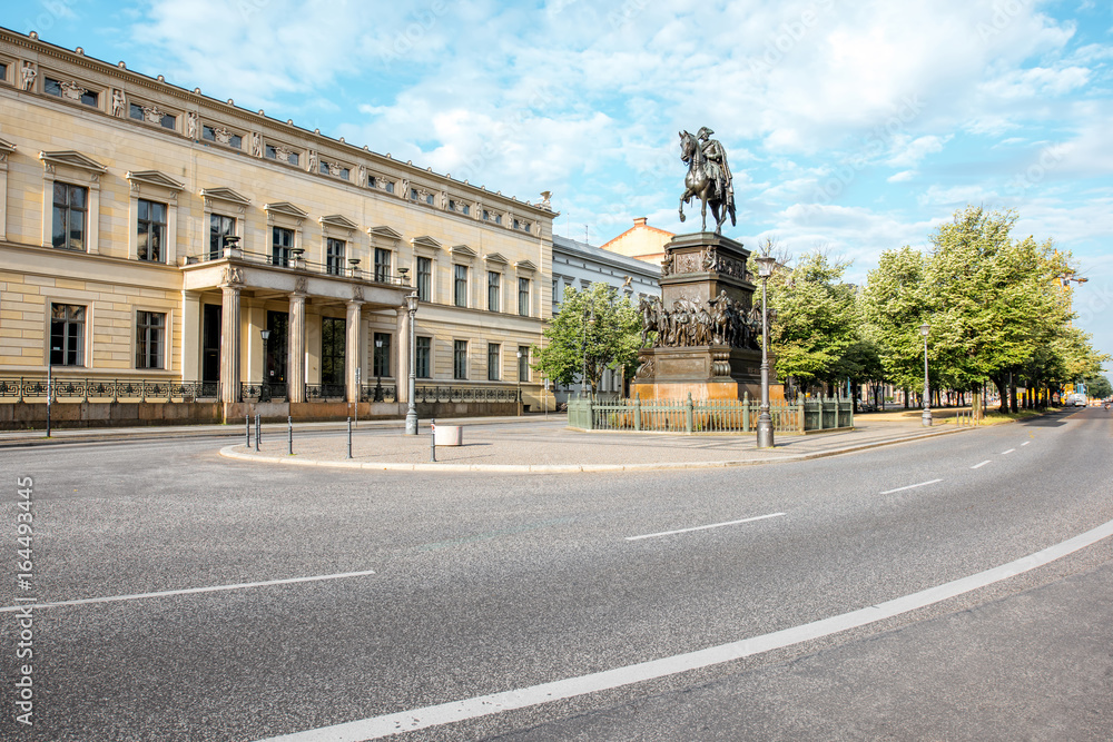 View on the Linden avenue with Frederick monument during the morning light in Berlin city