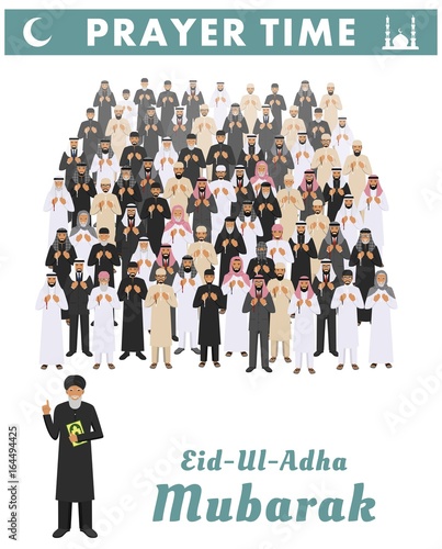 Muslim holiday Eid al-Adha. Feast of the Sacrifice. Different standing praying arabic people and mullah in traditional arabian clothes. Mufti with quran. Islamic men with beads in hands pray.