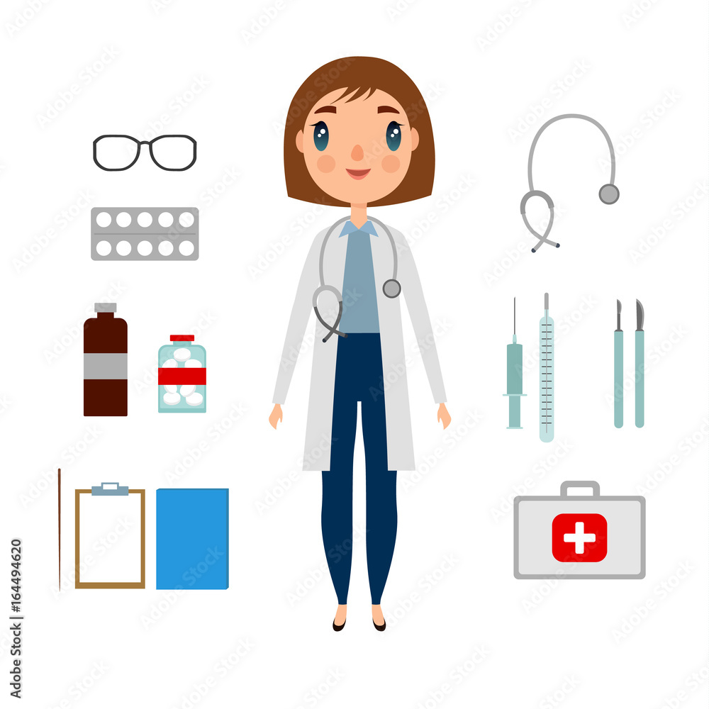 A doctor set of a woman with medicine elements. Flat and cartoon style. Vector illustration on white background. A doctor set of a woman with medicine elements. Flat and cartoon style. Vector illustration on white background.