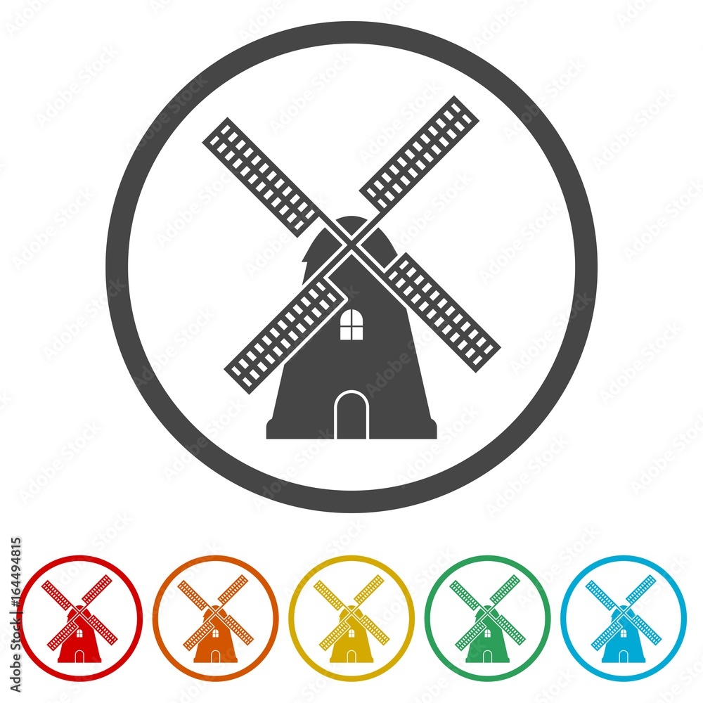 Traditional old windmill building icons set Traditional old windmill building icons set